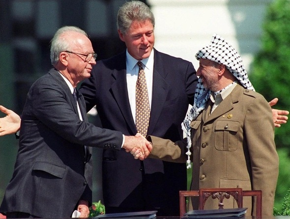 Prime Minister Yitzhak Rabin and Palestinian leader Yasser Arafat 1993 